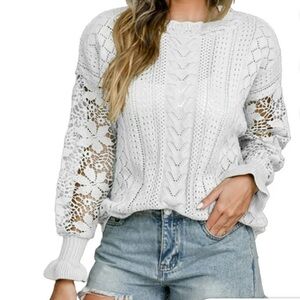 AMAZON White Crochet & Embroidery Knit Ruffled Cuff Lightweight Sweater S NWOT
